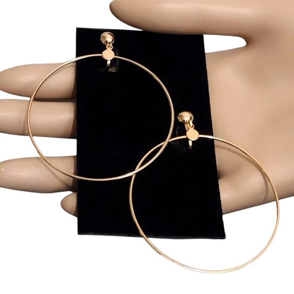 2 3/4 Inch 70mm Hoop Clip On Earrings Gold Tone 57mm Wide Ring - Picture 2 of 3